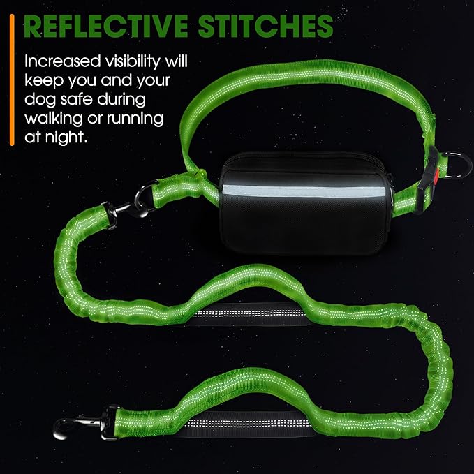 Hands Free Dog Leash with Waist Belt – No-Pull Bungee, Dual Padded Handles & Zipper Pouch for Running, Walking & Training – Adjustable Waist Leash for Large & Medium Dogs (Chartreuse)