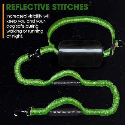 Hands Free Dog Leash with Waist Belt – No-Pull Bungee, Dual Padded Handles & Zipper Pouch for Running, Walking & Training – Adjustable Waist Leash for Large & Medium Dogs (Chartreuse)