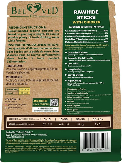 Beloved Pets Dog Treats & Long Lasting Rawhide Chews Wrapped Chicken 10.6 Oz – Pet Bones Sticks for Large, Medium & Small Breeds – Aggressive Chewers Snacks – Puppy Toys Treats