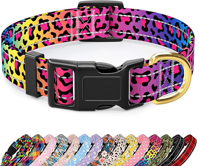 Reflective Dog Collar for Small Dogs Cats, Cute Leopard Style Adjustable Heavy-Duty Nylon Puppy Collar for Boy and Girl Female, Soft Pet Accessories with Quick Release Buckle, Neon