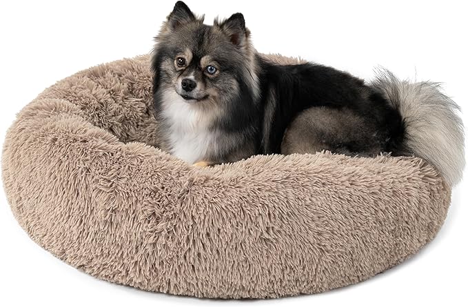 PetAmi Calming Dog Bed for Small & Medium Dogs and Cats, 23” Round Donut Dog Bed, Washable Fluffy Faux Fur Puppy & Cat Bed, Anti-Anxiety Plush Cuddler Pet Bed with Anti-Slip Bottom - Taupe
