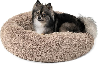 PetAmi Calming Dog Bed for Small & Medium Dogs and Cats, 23” Round Donut Dog Bed, Washable Fluffy Faux Fur Puppy & Cat Bed, Anti-Anxiety Plush Cuddler Pet Bed with Anti-Slip Bottom - Taupe