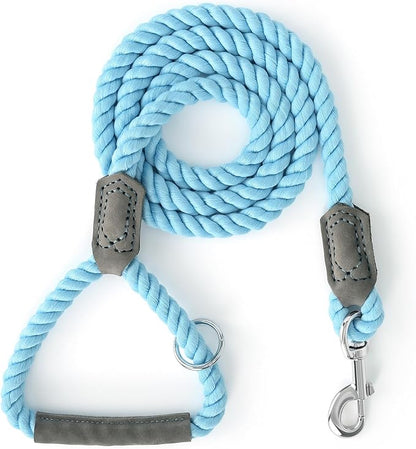 Mile High Life Dog Leash, Braided Cotton Rope Leashes with Leather Handle - Heavy Duty Metal Clasp, 5FT, 1/2" Thick - Wedding, Walking & Training Leash for Small Medium Large Dogs (Sky Blue)