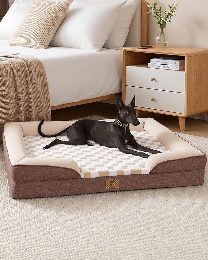 KSIIA Waterproof Dog Bed Orthopedic for Small Senior Dog Couch with Sides, Extra Thick Supportive Pet Bed Sofa with Soft Plush Cover and Non-Slip Bottom, 30 x 20 Inch, Brown