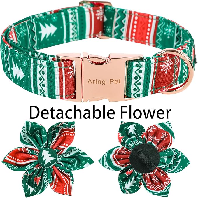 ARING PET Christmas Dog Collar, Cute Folk Xmas Red Green Detachable Flower Pet Collars with Metal Buckle for Puppy Small Medium Large Boy Girl Dogs-S