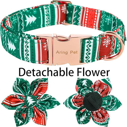 ARING PET Christmas Dog Collar, Cute Folk Xmas Red Green Detachable Flower Pet Collars with Metal Buckle for Puppy Small Medium Large Boy Girl Dogs-S