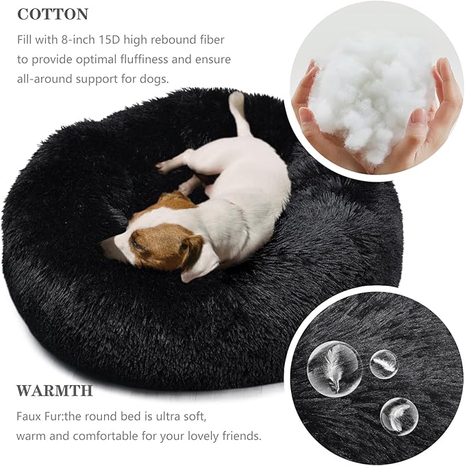 Calming Donut Dogs Beds for Small Dogs Washable,28inch Plush Round Pet Bed for Cozy Sleep,Fluffy Faux Fur Large Cat Bed,Fits up to 30 lbs Pets,Black