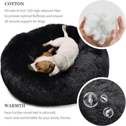 Calming Donut Dogs Beds for Small Dogs Washable,28inch Plush Round Pet Bed for Cozy Sleep,Fluffy Faux Fur Large Cat Bed,Fits up to 30 lbs Pets,Black