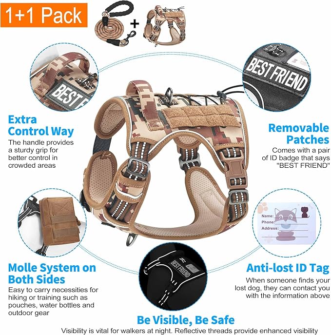 Heavy Duty Tactical Dog Harness for Large Dogs, No Pull Adjustable Pet Harness Reflective Service Training Easy Control Pet Vest Military K9 Working Dog Harnesses-X- Large, Desert Camo