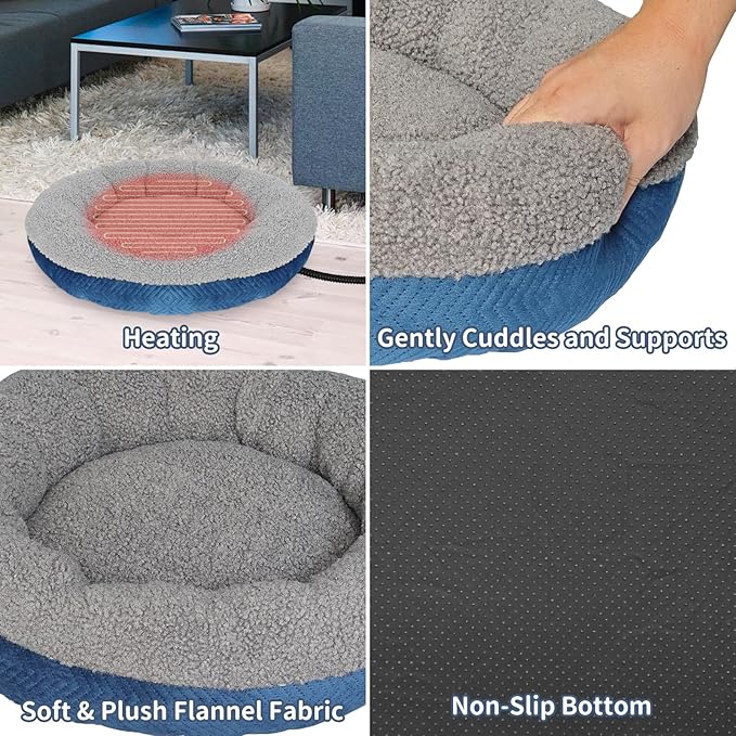 AUPETEK Heated Cat Beds for Indoor Cats Warming Cat Beds Super Soft Machine Washable Thermo Kitty Electric Heating Bed 19 Inches Round