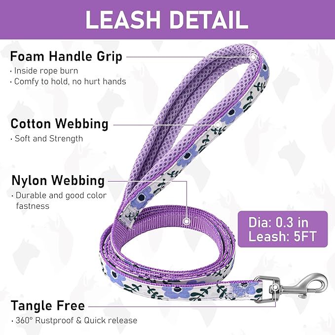 GAMUDA Small Dog Harness Collar and Leash Set, Step in No Chock No Pull Soft Mesh Adjustable Dog Vest Harnesses Plaid Reflective for Dogs Puppy Cats Kitten Rabbit (Purple Flower, XXS)