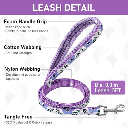 GAMUDA Small Dog Harness Collar and Leash Set, Step in No Chock No Pull Soft Mesh Adjustable Dog Vest Harnesses Plaid Reflective for Dogs Puppy Cats Kitten Rabbit (Purple Flower, XL)