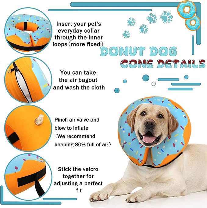Recovery Donut Collar for Dogs & Cat,Inflatable Dog Cone Collar Alternative After Surgery,Soft Cone for Large Medium Small Dog,Adjustable Pet Neck Donut(Blue,Medium+)