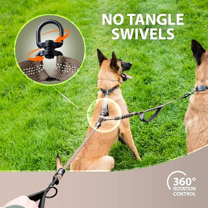 SparklyPets - Double Dog Bungee Rope Leash - Dual Dog Lead for Medium and Large Breeds - Padded Handles, No Tangle - Flow Leash, 2 Dogs Walking Accessory