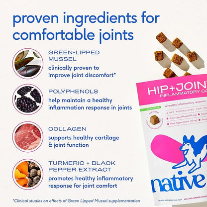Native Pet Pain Relief for Dogs - Collagen for Dogs Promotes Joint Health, Reduce Inflammation & Stiffness - Senior Pup Joint Supplement - Natural Pain Reliever for Active & Aging Pets - 60 Chews