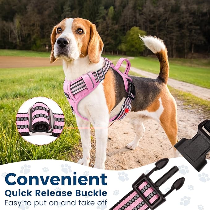 Funfox Dog Harness Medium No Pull, Adjustable 2 Clips Anti-Pull Vest with Practical Handle, Breathable Padded Pet Harness Designed for Small/Large Breeds, Reflective Training Walking Pink M