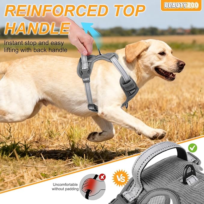 BEAUTYZOO No Pull Dog Harness Large, Adjustable Dog Harness and Leash Set -Easy Wearing with 3 Buckles/Control Handle,No Choke Soft Padded Reflective Pet Vest for Training Walking Hiking,Grey S