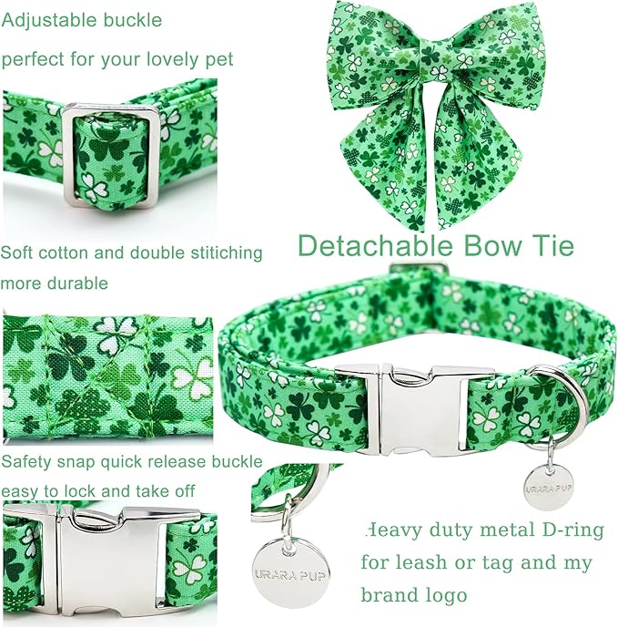 UP URARA PUP St. Patrick's Dog Collar with Bow Tie, Cotton St. Patrick's Bowtie Collar for Large Girl Boy Dog, Lucky Shamrock Dog Collar with Metal Buckle, Green, Spring, L