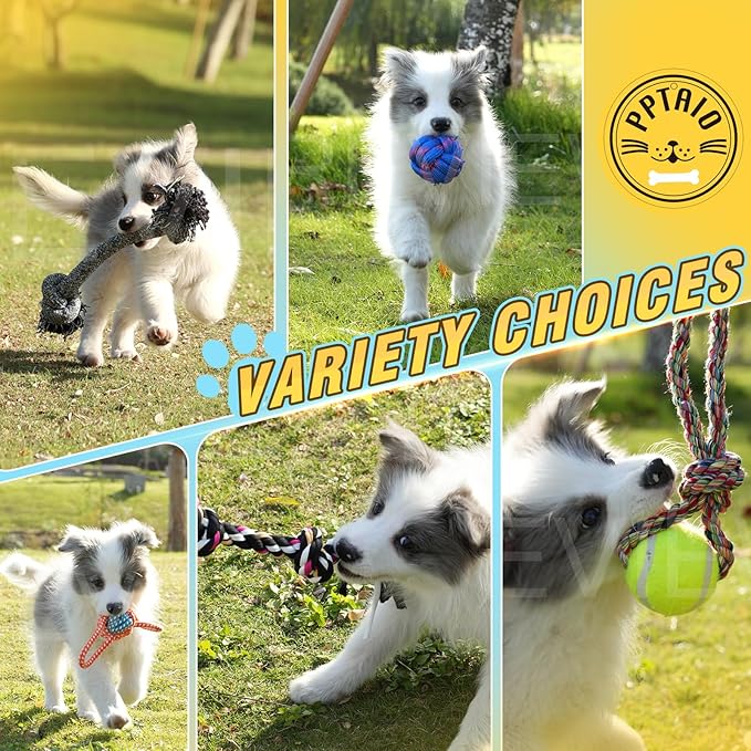 PPTAIO Dog Rope Toys with 18 pcs for Teething, Entertainment & Interaction, Dog Chew Toys, Training Tug Balls and Squeaky Toys for Medium&Small Puppies.