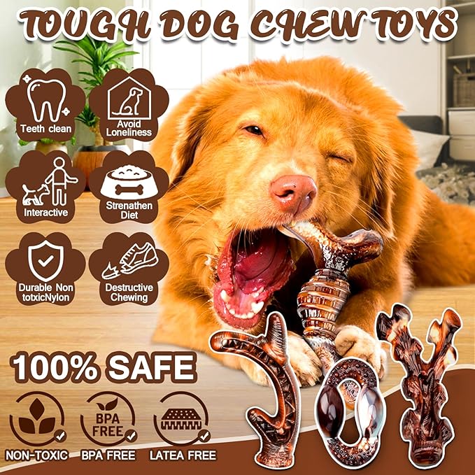 Dog Chew Toys for Aggressive Chewers 4 Pack, Indestructible Dog Toys, Bacon Flavor, Tough Nylon Bones to Keep Them Busy, Medium & Large Breed, Gifts for Dogs