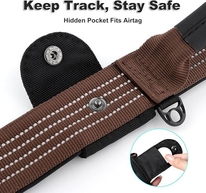 Plutus Pet Tactical Dog Collar with Tracker Pocket for AirTag, Adjustable Reflective Nylon Collar, Metal Buckle, Leather-Wrapped Handle, Soft Padded for Medium Large Dogs (Chocolate, M)