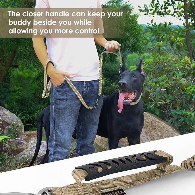 AUBELL Tactical Dog Leash Heavy Duty,4-6ft Reflective Strong No Pull Bungee Leash for Small Dogs with Comfortable Padded Double Handle,Car Seat Belt,360 Degree Rotating Carabiner,Brown