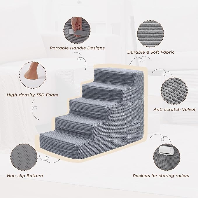 HYLEORY Dog Stairs for Bed 22.5''H, 5-Step Pet Stairs for Small Dogs & Cats, Sturdy Pet Steps with Non-Slip Bottom, Functional Portable Dog Ramp for Couch/Chair/Sofa/Car, with Storage Pocket, Grey
