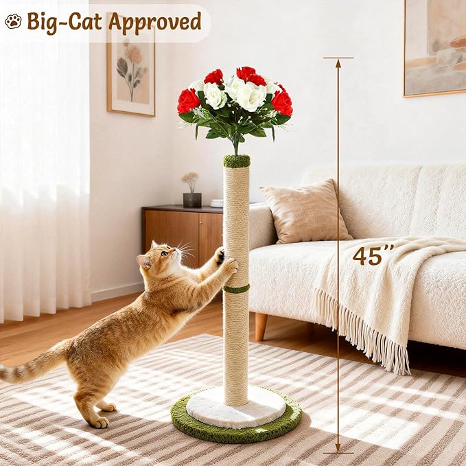 CWV 45" Tall Cat Scratching Post, Cute Rose Flower Cat Scratcher for Indoor Adult Cats & Kittens, Cat Tree Tower with Sturdy Base, Sisal Rope, Interactive Toys & Cat Gifts, Rascadores para Gatos