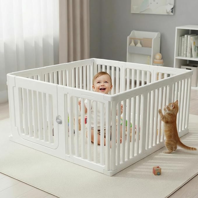 Jatindear 11 Panels Plastic Dog Playpen, Expandable & Durable Pet Fence - Indoor & Outdoor Portable with Secure Locking Door, Durable Safety Play Pen with Puppy, Cat, Small Animal(White, 23.62" H)