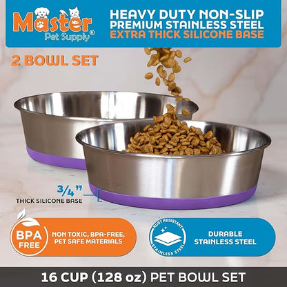 Master Pet Supply Stainless Steel Dog Bowls Set of 2 with Extra Thick Silicone Base - 16 Cup (128 oz) Plum Crazy, Non-Slip, Dishwasher Safe Metal Bowls, Pet Dog Food Bowl for Dogs, Cats, Anti Rust