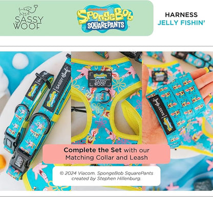 Sassy Woof Dog Adjustable Harness - Spongebob Squarepants™ Jelly Fishin' - XS, Breathable Mesh, No Pull Design with Two D-Rings, Patented Design, Perfect for Small Dogs - Officially Licensed