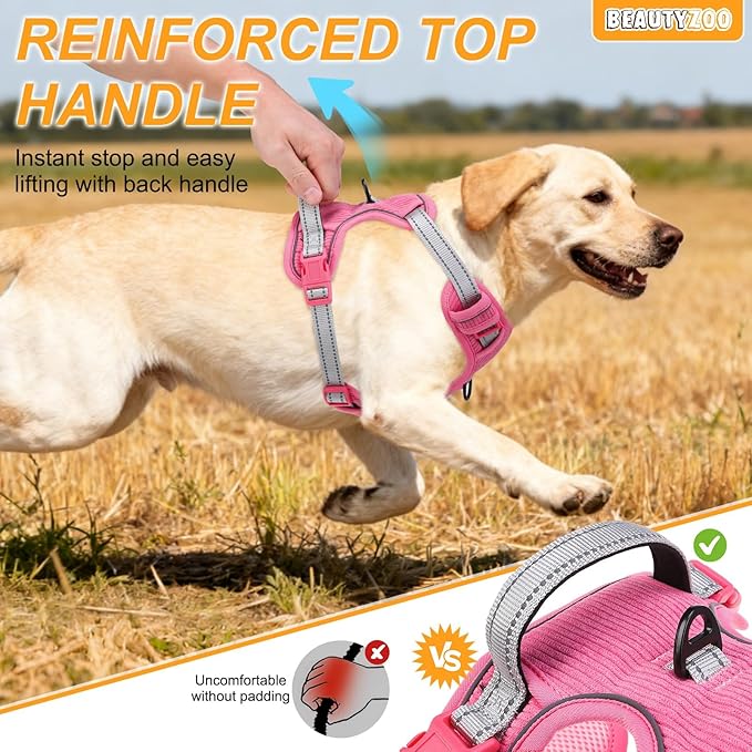 BEAUTYZOO No Pull Dog Harness Large, Adjustable Dog Harness and Leash Set -Easy Wearing with 3 Buckles/Control Handle,No Choke Soft Padded Reflective Pet Vest for Training Walking Hiking,Rose L