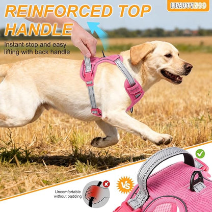 BEAUTYZOO No Pull Dog Harness Large, Adjustable Dog Harness and Leash Set -Easy Wearing with 3 Buckles/Control Handle,No Choke Soft Padded Reflective Pet Vest for Training Walking Hiking,Rose L