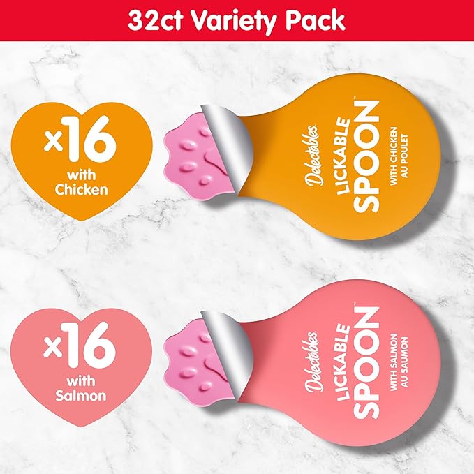 Delectables Lickable Spoon Handheld Wet Cat Treats Made with Real Chicken & Salmon, Quick & Easy Creamy Puree, Mess Free, Grain-Free, No Added Fillers, No by-Products, Variety Pack, 32ct