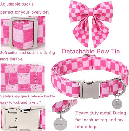 Dog Collar with Bow Tie,UP URARA PUP Pink Plaid Bowtie Dog Collar, Summer Bowtie Collar for Puppy Boy Girl Dog, Comfortable Cotton Dog Collar with Metal Buckle,XL,Neck 16-26in, PinkPlaid CS