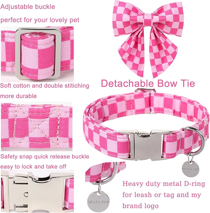 Pink Plaid Bowtie Dog Collar - Summer Comfortable Cotton Collar With Metal Buckle for Puppy Boy Girl, M