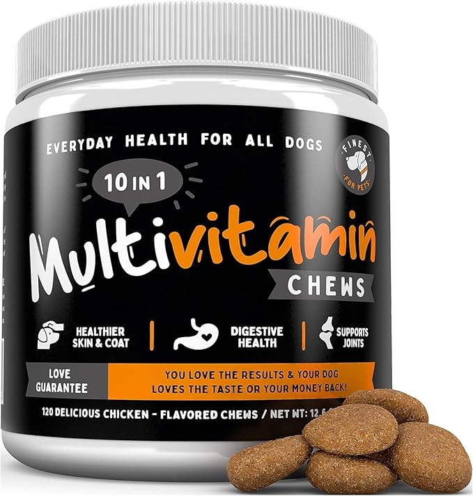 Finest For Pets Multivitamin Dog Supplement – 10 in 1 with Omega Fish Oil & Glucosamine for Improved Joint & Skin Support, Gut, Digestion & Immune Everyday Health (120 Chewable Treats)