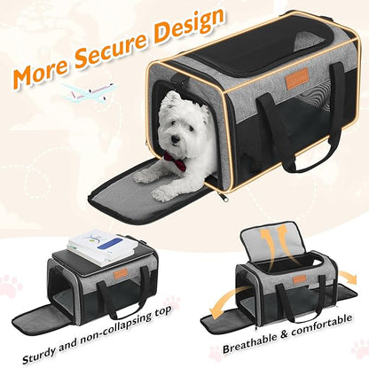 PETUX Airline Approved Pet Carrier - 17x11x9.5 in, Underseat, Top & Side Entry, Soft Sided Cat Dog Carrier for Small Cat & Dog Up to 12 lbs with Anti-Scratch Mesh & Litter Box for Travel & Vet - Grey