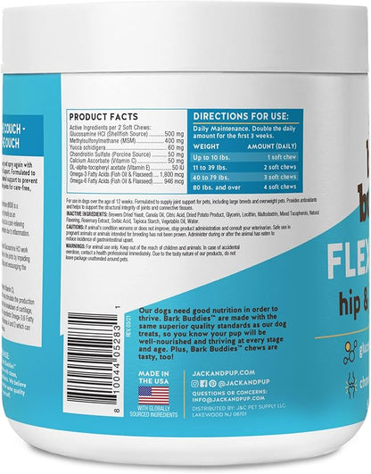 Jack&Pup Dog Joint Supplement Flex-Agility Bark Buddies | Glucosamine Chondroitin for Dogs | Hip and Joint Chews for Dogs (5oz, 60 Ct)