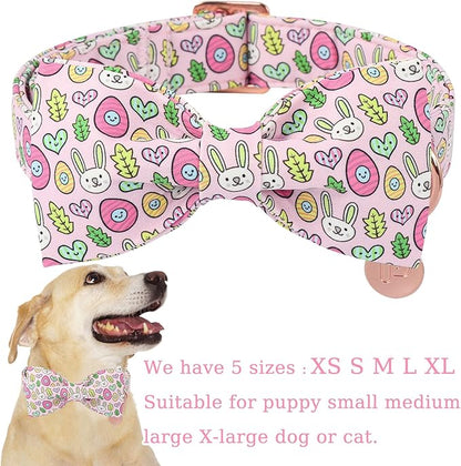 Easter Bunny Dog Collar with Bowtie,Cotton Easter Eggs Bowtie Collar for Puppy Girl Boy Dogs,Cute Bunny Pet Collars with Metal Buckle,Gift Dog Collars, L, Neck 16-24in