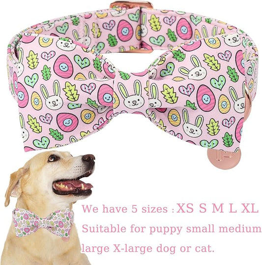 Easter Bunny Dog Collar with Bowtie,Cotton Easter Eggs Bowtie Collar for Puppy Girl Boy Dogs,Cute Bunny Pet Collars with Metal Buckle,Gift Dog Collars, XS, Neck 8-12in