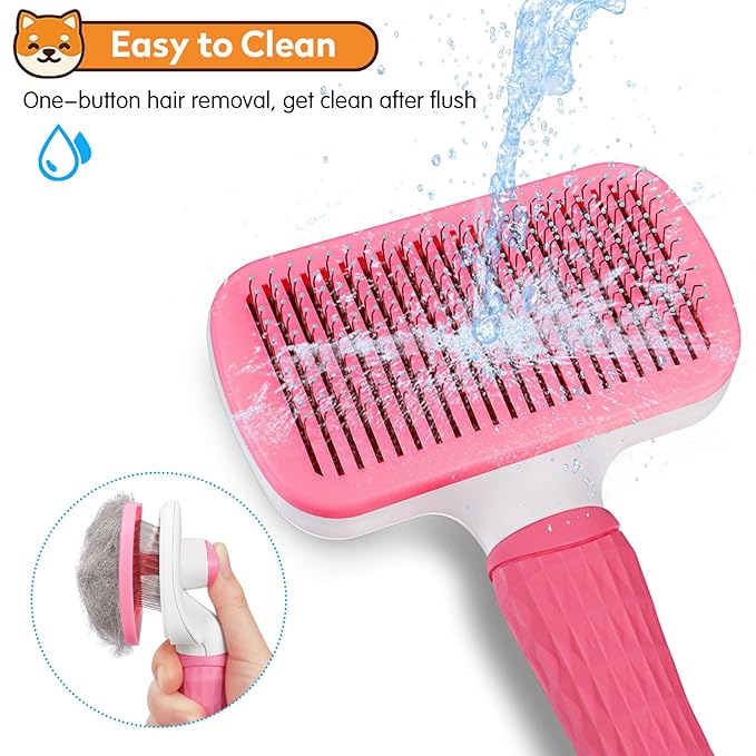 PWOD Dog & Cat Brush, Self Cleaning Slicker Brush for Pets, Upgraded Dog Brush for Shedding Massaging and Grooming, Removes Loose Undercoat & Portable Comb for Long Short Haired Dogs(Pink)