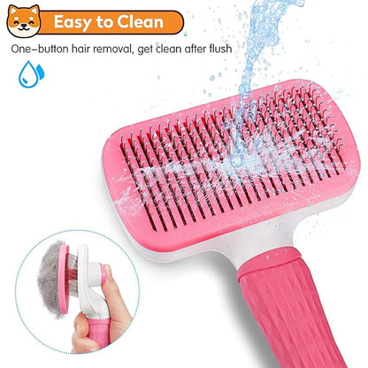 PWOD Dog & Cat Brush, Self Cleaning Slicker Brush for Pets, Upgraded Dog Brush for Shedding Massaging and Grooming, Removes Loose Undercoat & Portable Comb for Long Short Haired Dogs(Pink)