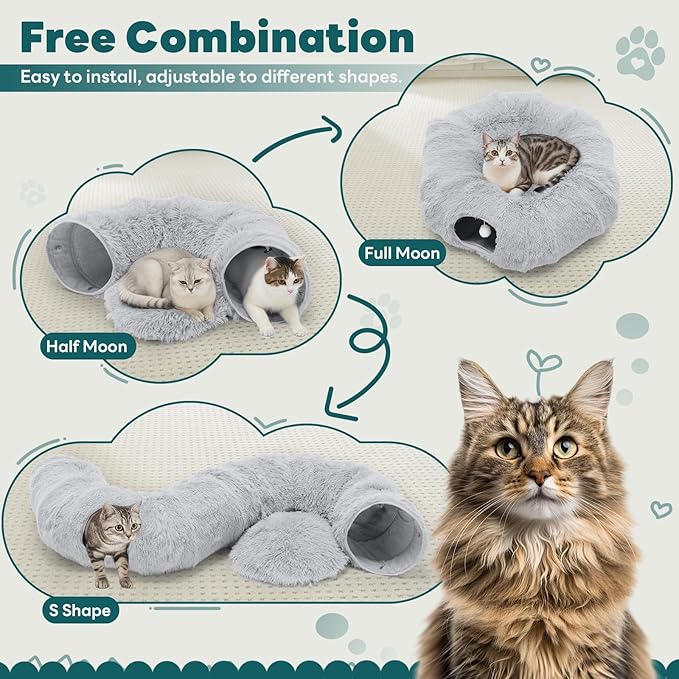DUMOS Cat Tunnel Bed for Indoor Cats Cave Donut Play Tunnel with Soft Plush Peekaboo, Circle Cushion, Washable Multifunctional Playground Under Tree Pet Toys for Kittens, Puppy Rabbit, Ferret - Grey
