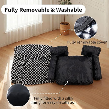 Faux Fur Cat & Dog Sofa Cat Couch Mini Cat Bed Indoor Human Style Pet Sofa, Modern Pet Furniture for Cats, Washable ＆ Removable Cover, for Cats and Small Medium Dogs (Black/White, Medium(24X19 inch))
