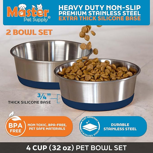 Master Pet Supply Stainless Steel Dog Bowls Set of 2 with Extra Thick Silicone Base - 4 Cup (32 oz) Navy Blue, Non-Slip, Dishwasher Safe Metal Bowls, Pet Dog Food Bowl for Dogs, Cats, Anti Rust