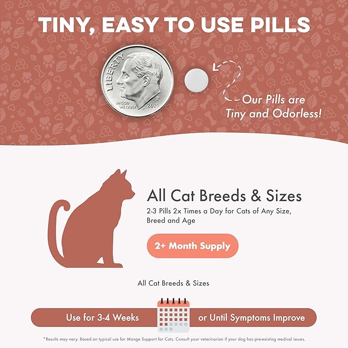 Mange Support for Cats, Natural Cat Itchy Skin, Paws and Ears Relief - Soothes Welts, Scabs, Red and Flaky Skin Reducing Excessive Grooming and Patchy Fur for a Healthy Coat (400 Tiny Tasteless Pills)