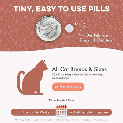Mange Support for Cats, Natural Cat Itchy Skin, Paws and Ears Relief - Soothes Welts, Scabs, Red and Flaky Skin Reducing Excessive Grooming and Patchy Fur for a Healthy Coat (400 Tiny Tasteless Pills)