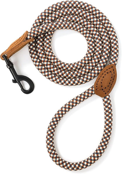 Mile High Life Rope Leash with Genuine Leather Connection, 6 FT/5 FT/4 FT, Heavy Duty Leash for Medium & Large Dogs (Brown, 60 Inch)