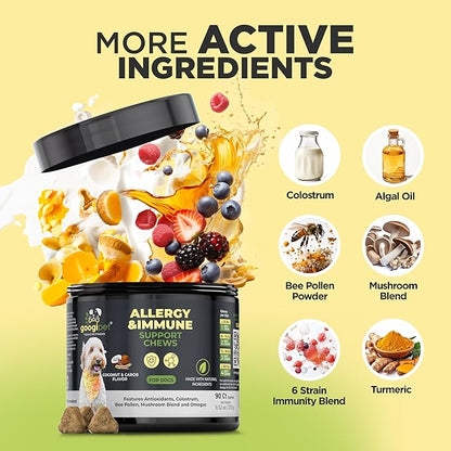 Googipet Dog Allergy Chews, Seasonal Dog Allergy Relief & Itchy Skin Relief, Skin & Coat Supplement +Bee Pollen, Colostrum, Coconut Oil, Probiotics, & Omega 3 Fish Oil for Dogs